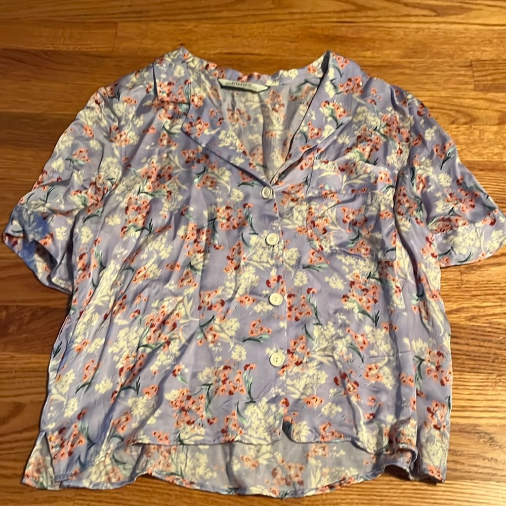 Zara blue/purple silky button down floral blouse
